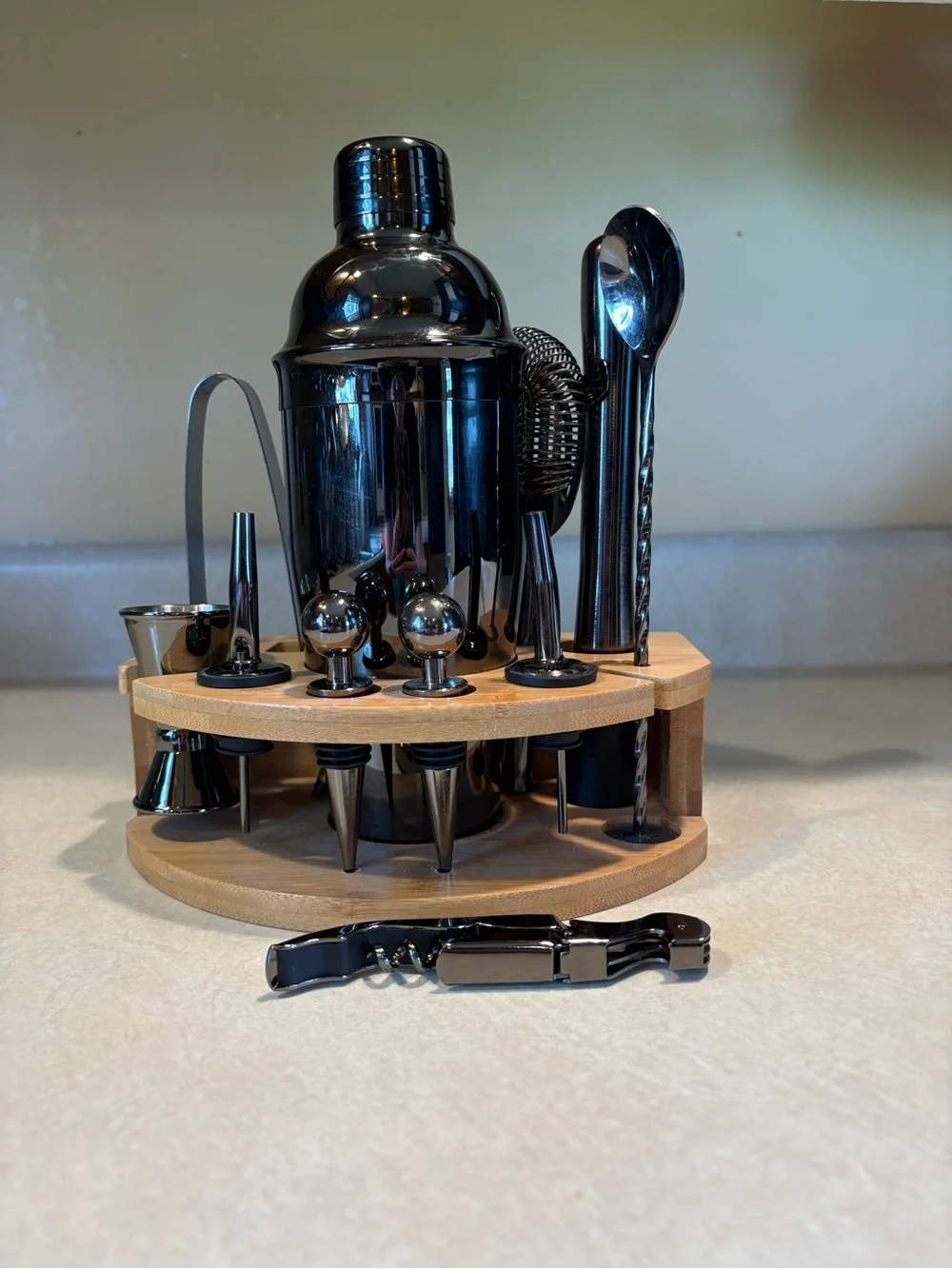 Black Stainless Steel Home Bartender Cocktail Set with Wood Stand